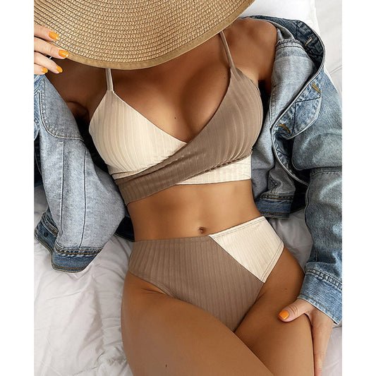 Two Piece Swimming Beachwear | High Waist Women's Swimsuit | Ribbed Wrap Bikini Set | Swimwear | Female Push Up Bikini | Boho Bathing Suit