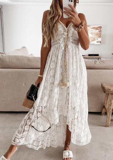 V Neck Tassel Maxi Dress | Boho Wedding Dress | Bohemian Beach Dress | Cocktail Party Dresses | Spring Dress | Wedding Dress