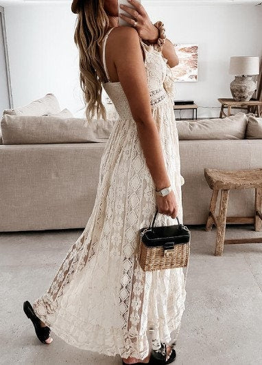 Beige Vacation Dress | V Neck Tassel Maxi Dress | Boho Wedding Dress | Bohemian Beach Dress | Cocktail Party Dresses | Spring Dress