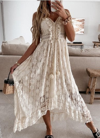 Beige Vacation Dress | V Neck Tassel Maxi Dress | Boho Wedding Dress | Bohemian Beach Dress | Cocktail Party Dresses | Spring Dress