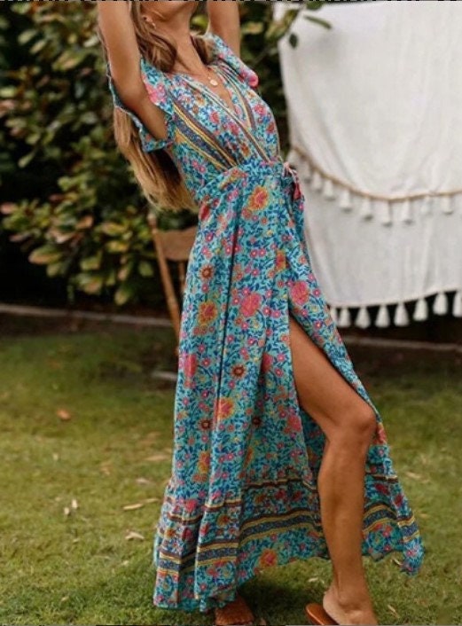 Blue Floral Maxi Dress | Bohemian Maxi Dress | Cocktail Party Dresses | Maxi Dress | Boho Dresses for Women