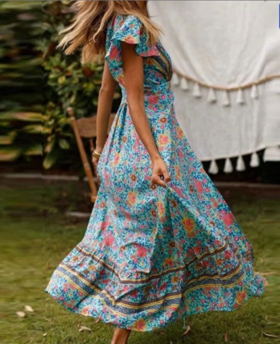 Blue Floral Maxi Dress | Bohemian Maxi Dress | Cocktail Party Dresses | Maxi Dress | Boho Dresses for Women