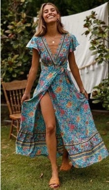 Blue Floral Maxi Dress | Bohemian Maxi Dress | Cocktail Party Dresses | Maxi Dress | Boho Dresses for Women