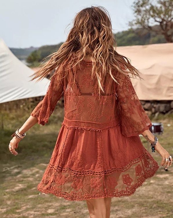 Boho red lace clearance dress