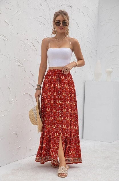 Red Boho Skirt | Bohemian Floral Skirt | Floral Skirt | Summer Skirt | Fall Skirt | Maxi Skirt