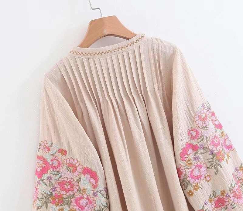 Bohemian Cotton Tie Neck Blouse | Tie Front Long Sleeve Top | Spring Blouse | Boho Blousee for Women | Summer Blouse