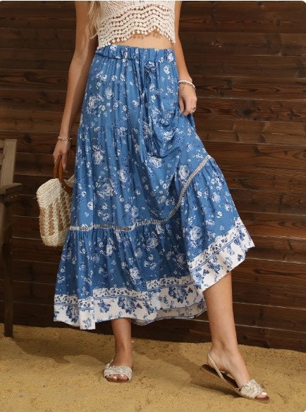 Skirt for Women | Bohemian Blue Floral Skirt | Floral Skirt | Summer Skirt | Fall Skirt | Maxi Skirt | Boho Skirts | Vacation Outfit