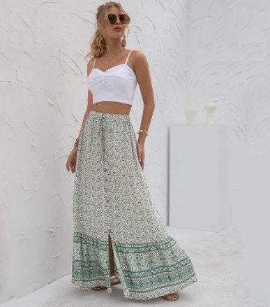 Bohemian Green Floral Skirt | Floral Skirt | Summer Skirt | Fall Skirt | Maxi Skirt