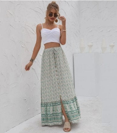 Bohemian Green Floral Skirt | Floral Skirt | Summer Skirt | Fall Skirt | Maxi Skirt