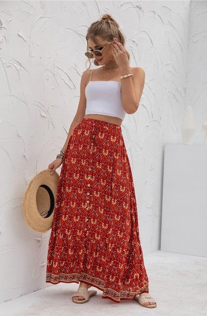 Red Boho Skirt | Bohemian Floral Skirt | Floral Skirt | Summer Skirt | Fall Skirt | Maxi Skirt