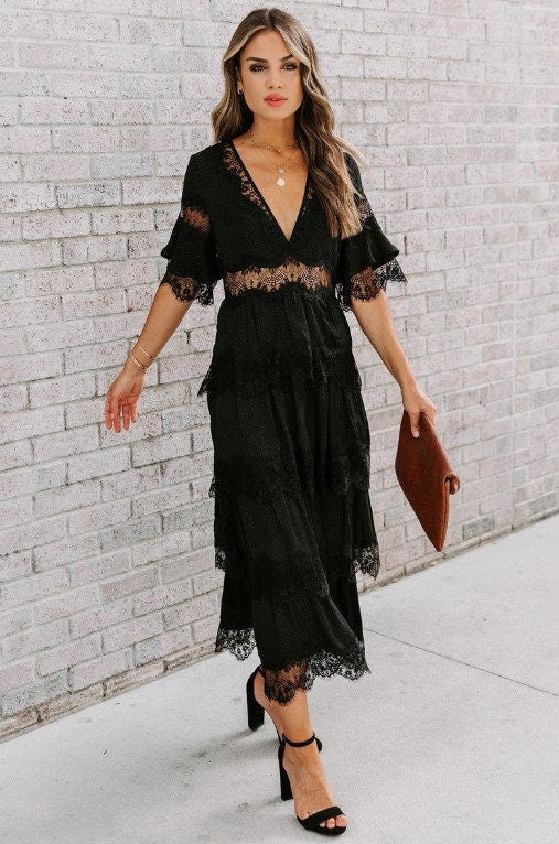 Black Midi Dress | Gothic Wedding Dress | Bohemian Dress | Cocktail Party Dresses | Spring Dress | Ladies Dress | Cocktail Midi Dress