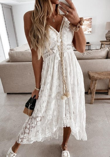 V Neck Tassel Maxi Dress | Boho Wedding Dress | Bohemian Beach Dress | Cocktail Party Dresses | Spring Dress | Wedding Dress