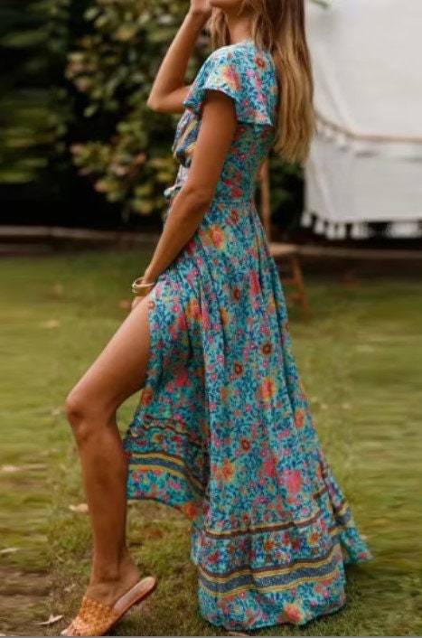 Blue Floral Maxi Dress | Bohemian Maxi Dress | Cocktail Party Dresses | Maxi Dress | Boho Dresses for Women