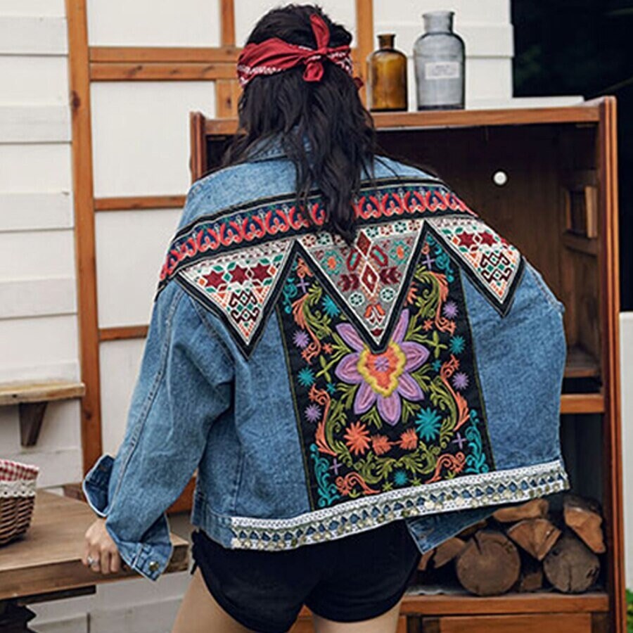 Bomber Jacket embroidered denim jacket women oversized vintage