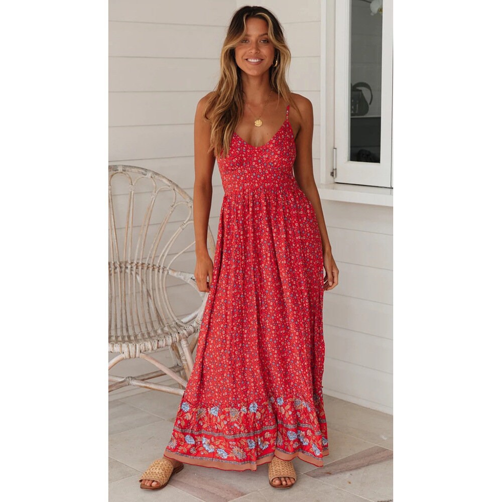 Red Boho Beach Dresses | Spaghetti Straps Maxi Dress | Dresses for Women | Bohemian Clothing | Beach Dress | Boho Dress | Hippie Dress