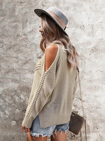 Off Shoulder Pullover Sweaters Boho Sweater Autumn Solid Color