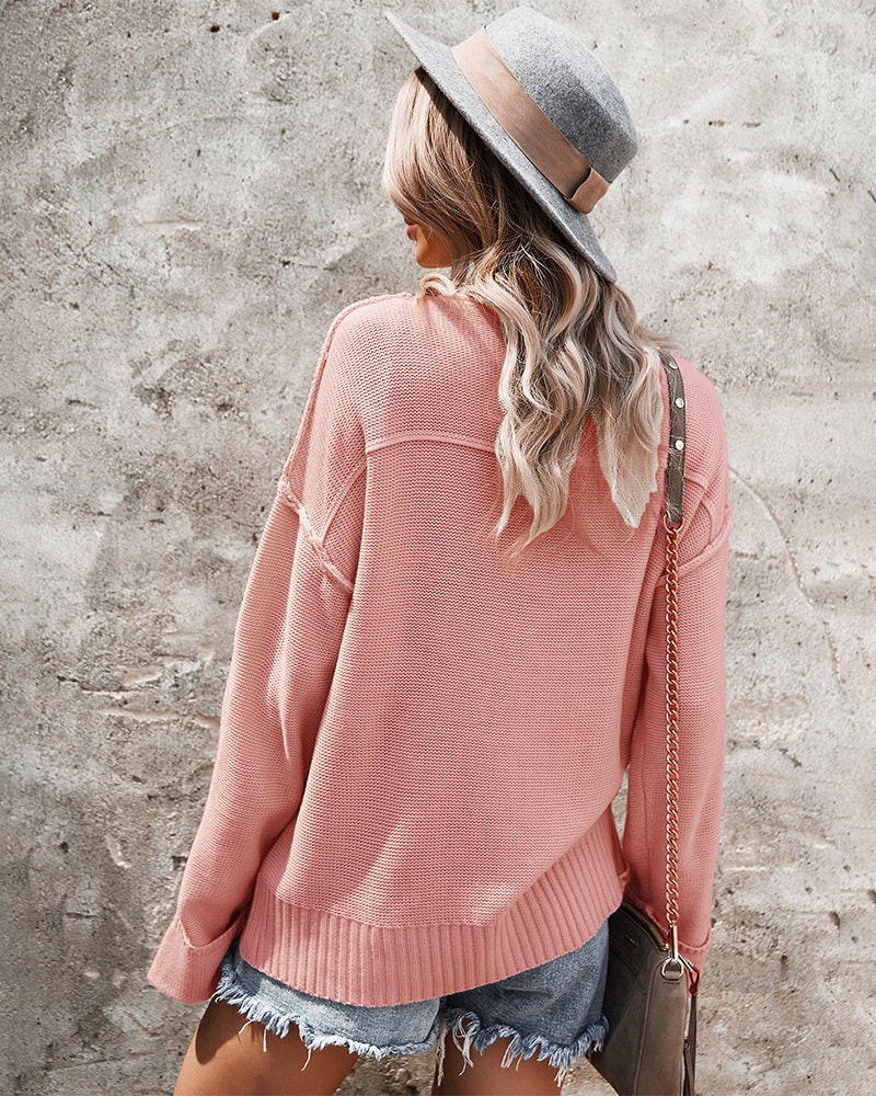 Boho Sweater | Knitted Sweater Top | Spring Sweaters for Women | Pink V-neck Button Solid Color Long Sleeve Sweater