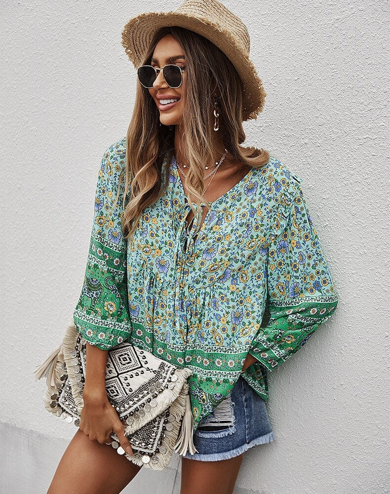 Bohemian Floral Contrast Print Tie Neck Blouse | Spring Blouse | Boho Shirt | Spring Long Sleeve Shirt