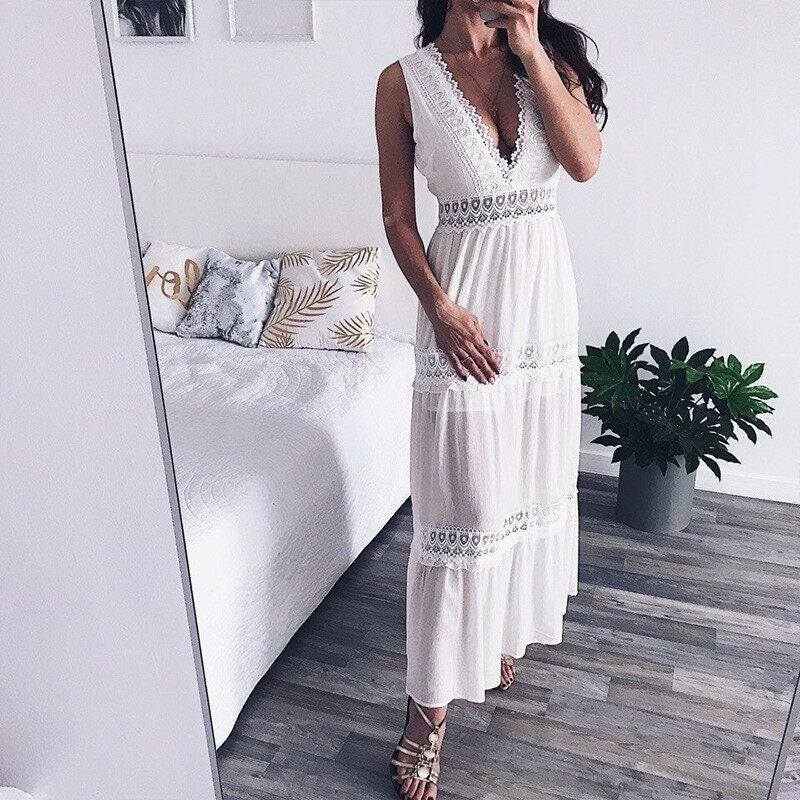 V-neck Boho Maxi Dress | Bohemian Dresses for Women | Summer Dress | Long Chiffon Dress |Cocktail Party Dress |Vacation Outfit | Beach Dress