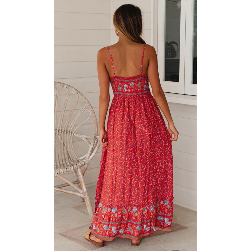 Red Boho Beach Dresses | Spaghetti Straps Maxi Dress | Dresses for Women | Bohemian Clothing | Beach Dress | Boho Dress | Hippie Dress