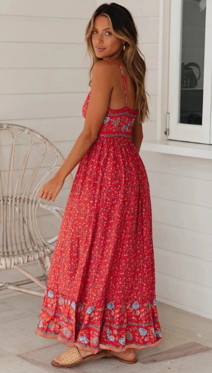 Red Boho Beach Dresses | Spaghetti Straps Maxi Dress | Dresses for Women | Bohemian Clothing | Beach Dress | Boho Dress | Hippie Dress