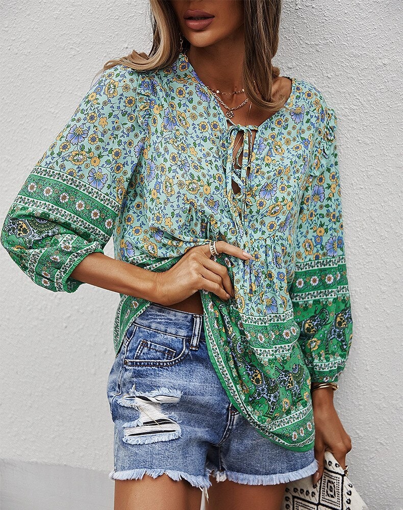 Bohemian Floral Contrast Print Tie Neck Blouse | Spring Blouse | Boho Shirt | Spring Long Sleeve Shirt