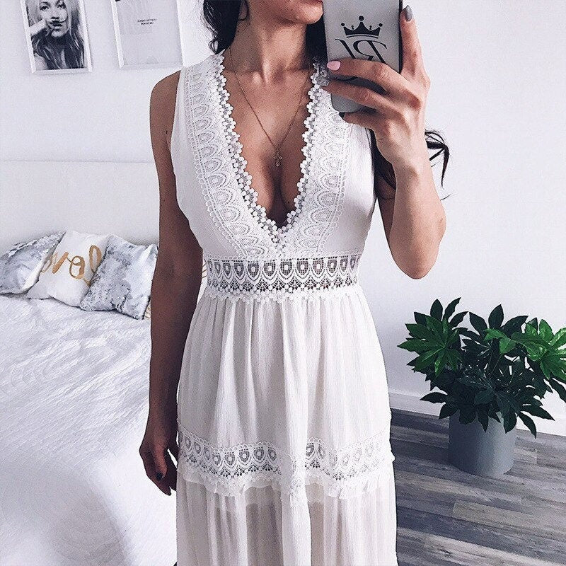 V-neck Boho Maxi Dress | Bohemian Dresses for Women | Summer Dress | Long Chiffon Dress |Cocktail Party Dress |Vacation Outfit | Beach Dress